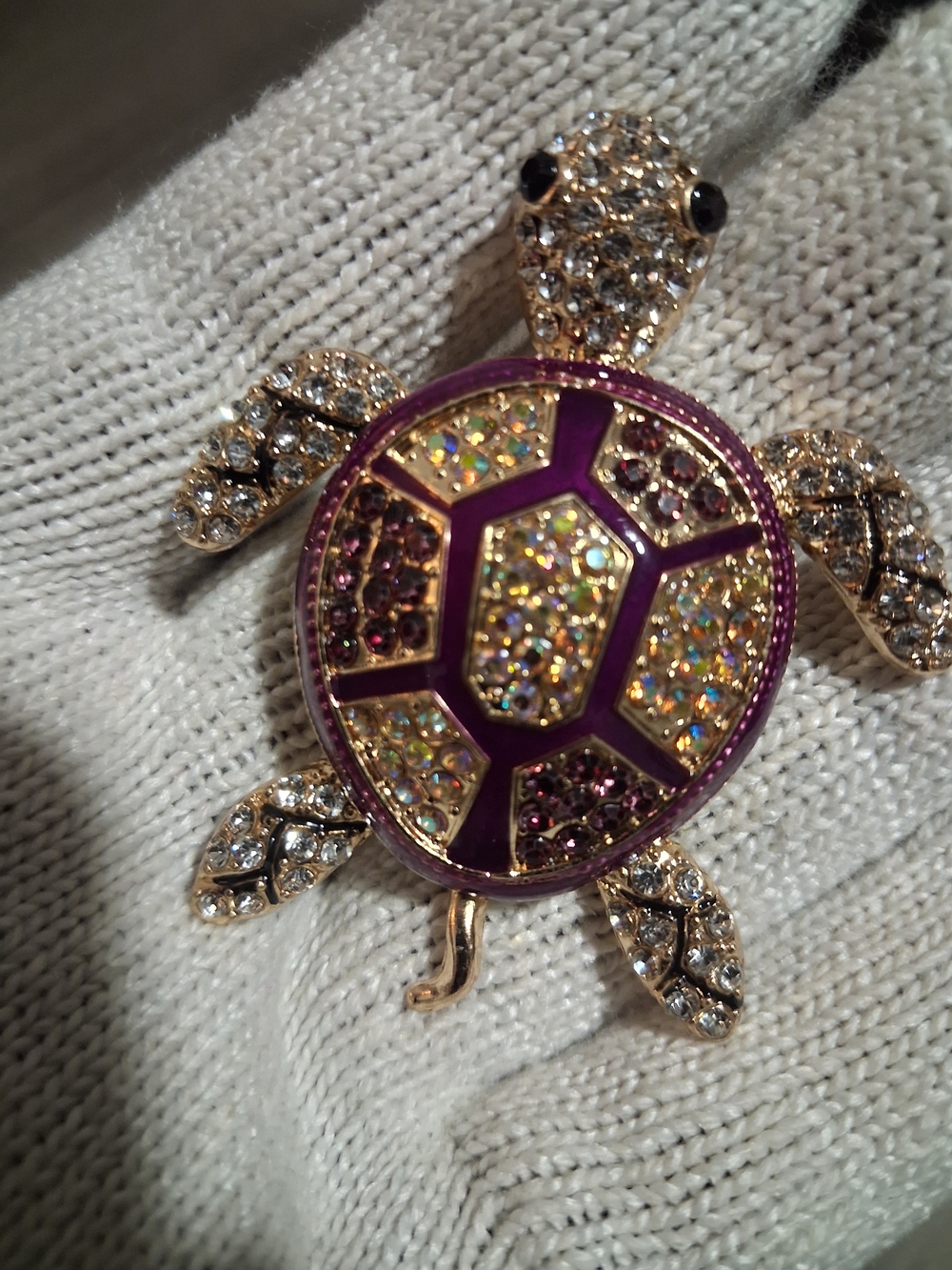 Gold-tone Turtle Brooch with Purple Enamel and Clear Rhinestones